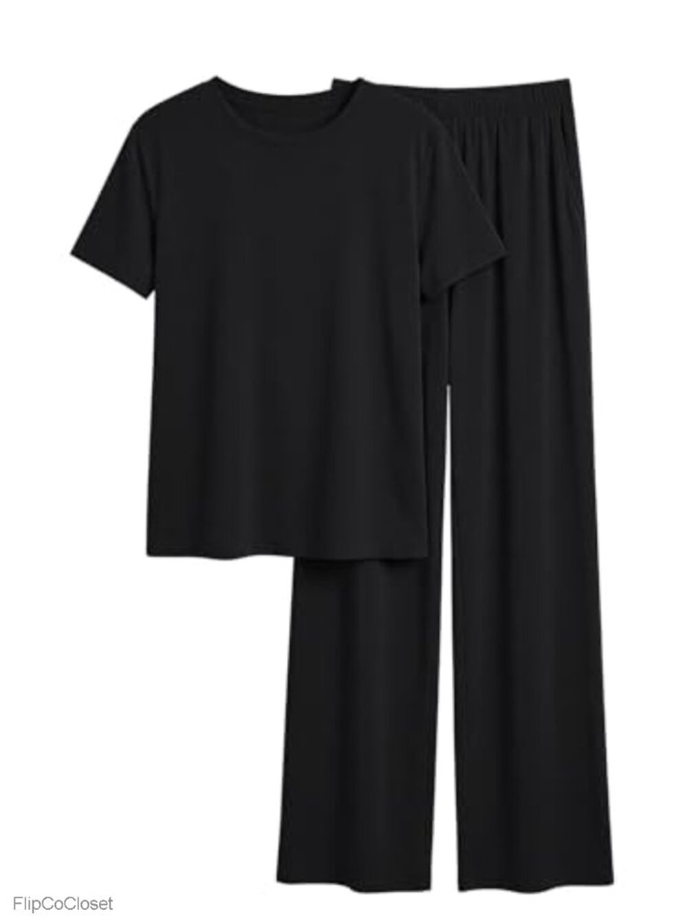 Women's 2 Piece Lounge Set Short Sleeve Crewneck Wide Leg Pants Pockets Pajama